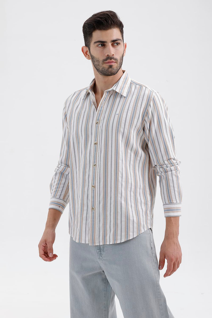 BASICS SLIM FIT CLOUD ECRU COTTON DOBBY STRIPE SHIRT