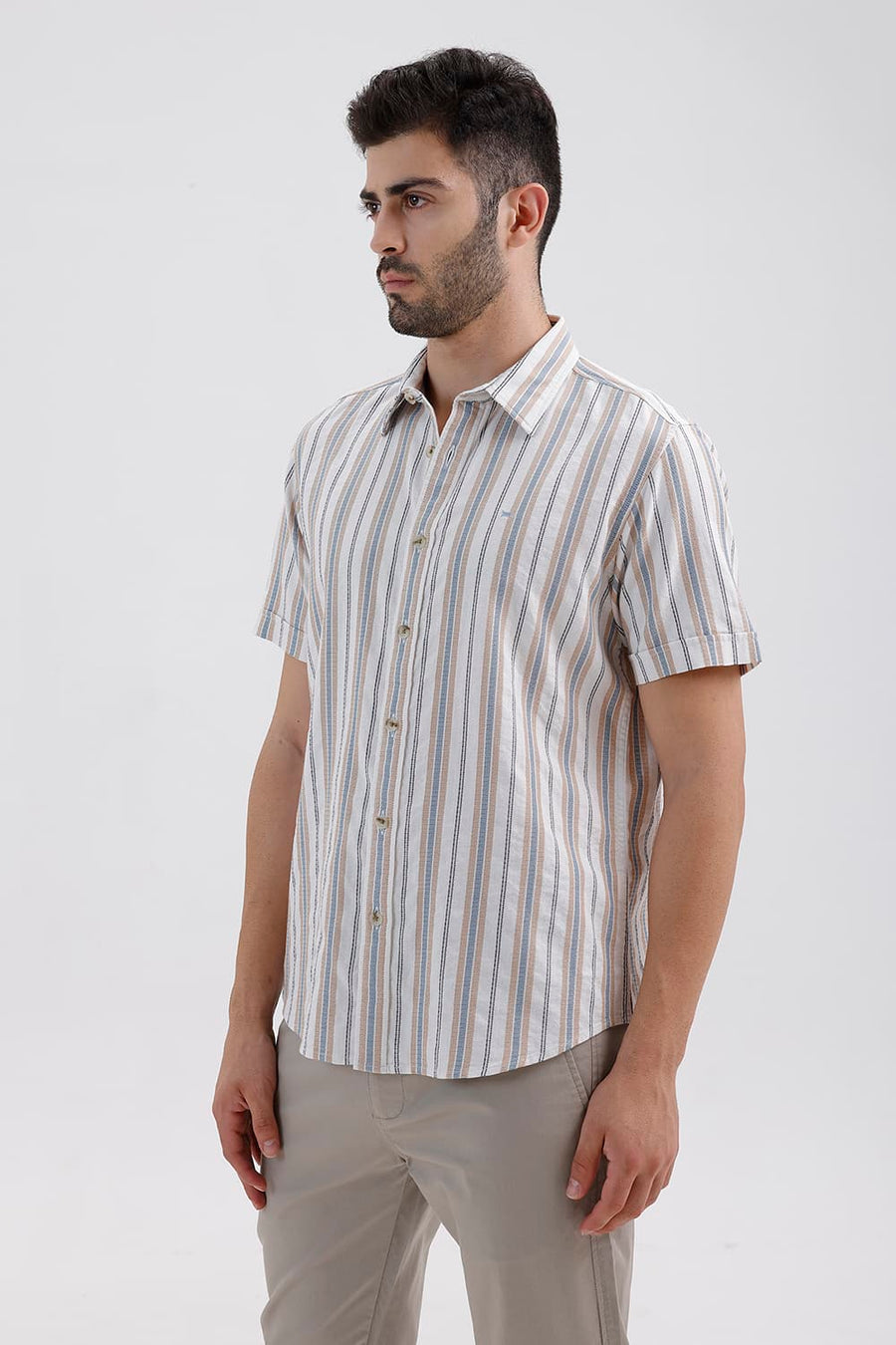 BASICS SLIM FIT CLOUD ECRU COTTON DOBBY STRIPE HALFSLEEVES SHIRT