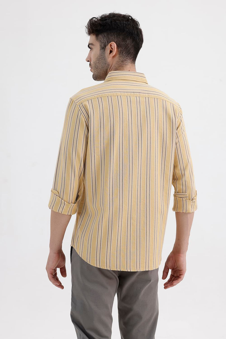 BASICS SLIM FIT LARK KHAKI COTTON DOBBY STRIPE SHIRT