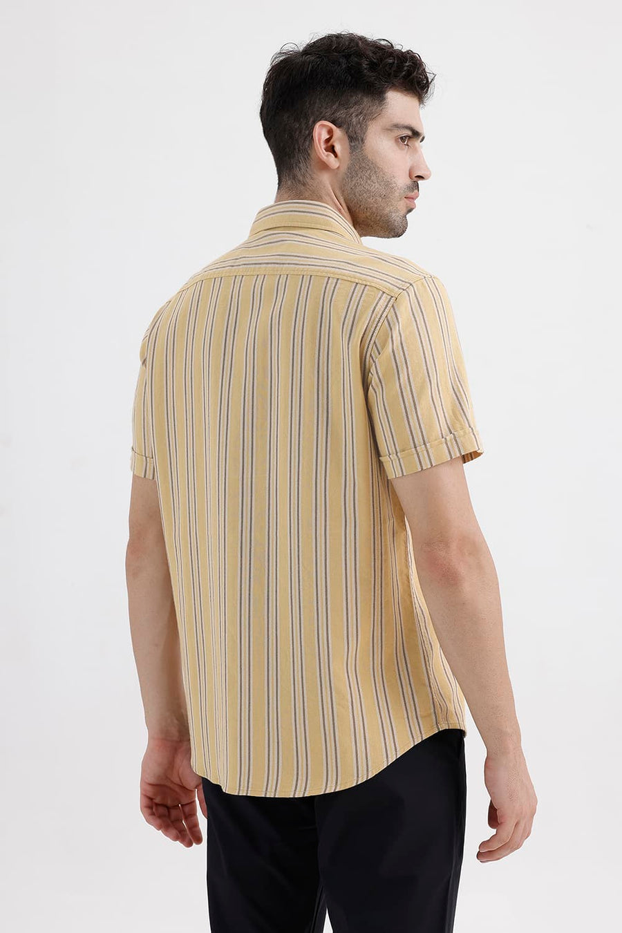 BASICS SLIM FIT LARK KHAKI COTTON DOBBY STRIPE HALFSLEEVES SHIRT