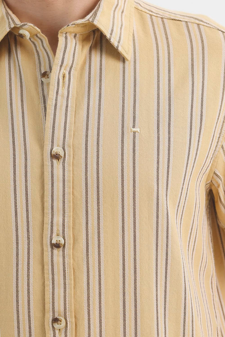 BASICS SLIM FIT LARK KHAKI COTTON DOBBY STRIPE HALFSLEEVES SHIRT