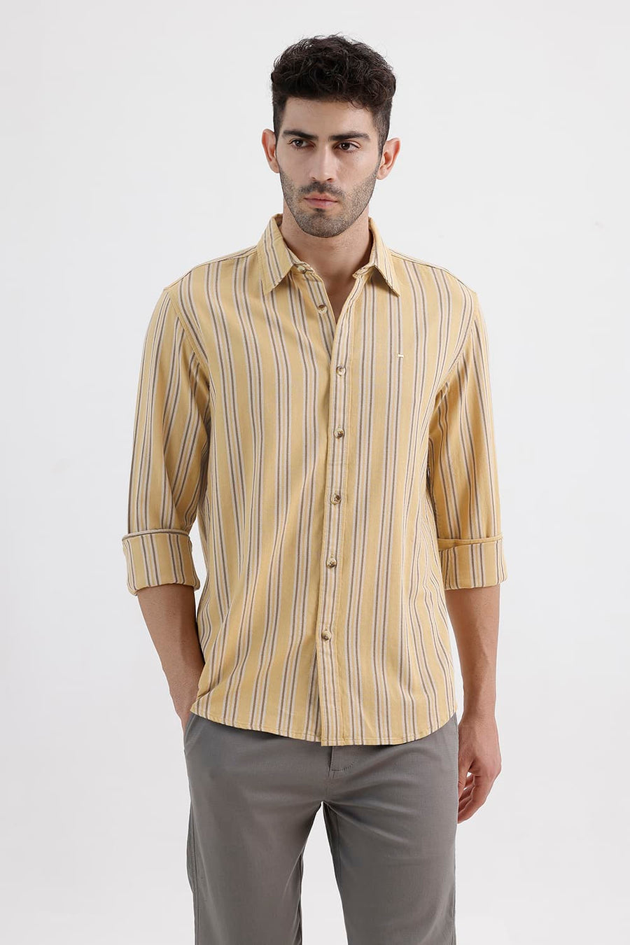 BASICS SLIM FIT LARK KHAKI COTTON DOBBY STRIPE SHIRT