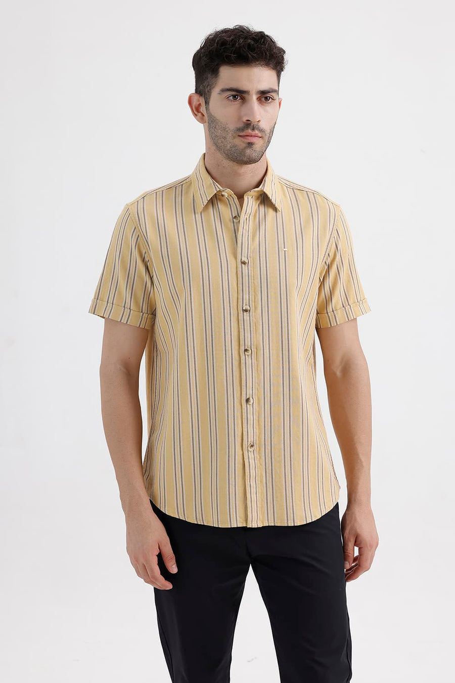 BASICS SLIM FIT LARK KHAKI COTTON DOBBY STRIPE HALFSLEEVES SHIRT