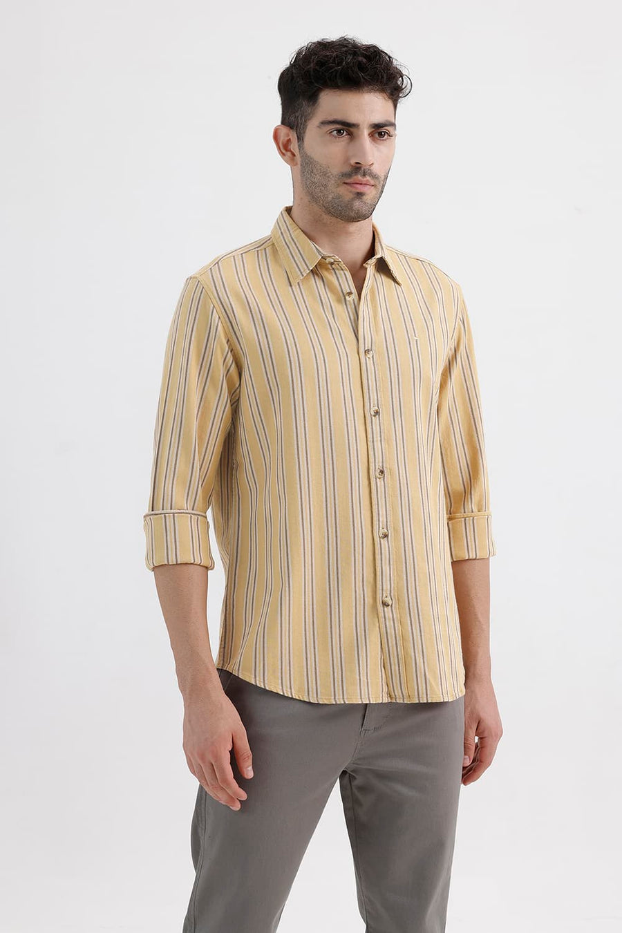BASICS SLIM FIT LARK KHAKI COTTON DOBBY STRIPE SHIRT