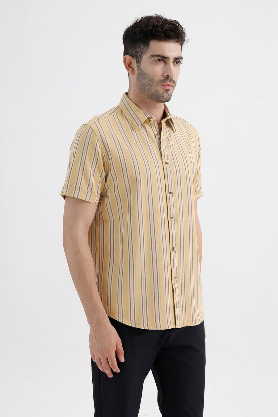 BASICS SLIM FIT LARK KHAKI COTTON DOBBY STRIPE HALFSLEEVES SHIRT
