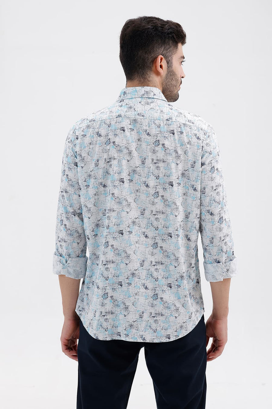 BASICS SLIM FIT CLOUD BLUE COTTON VISCOSE DIGITAL PRINTED SHIRT