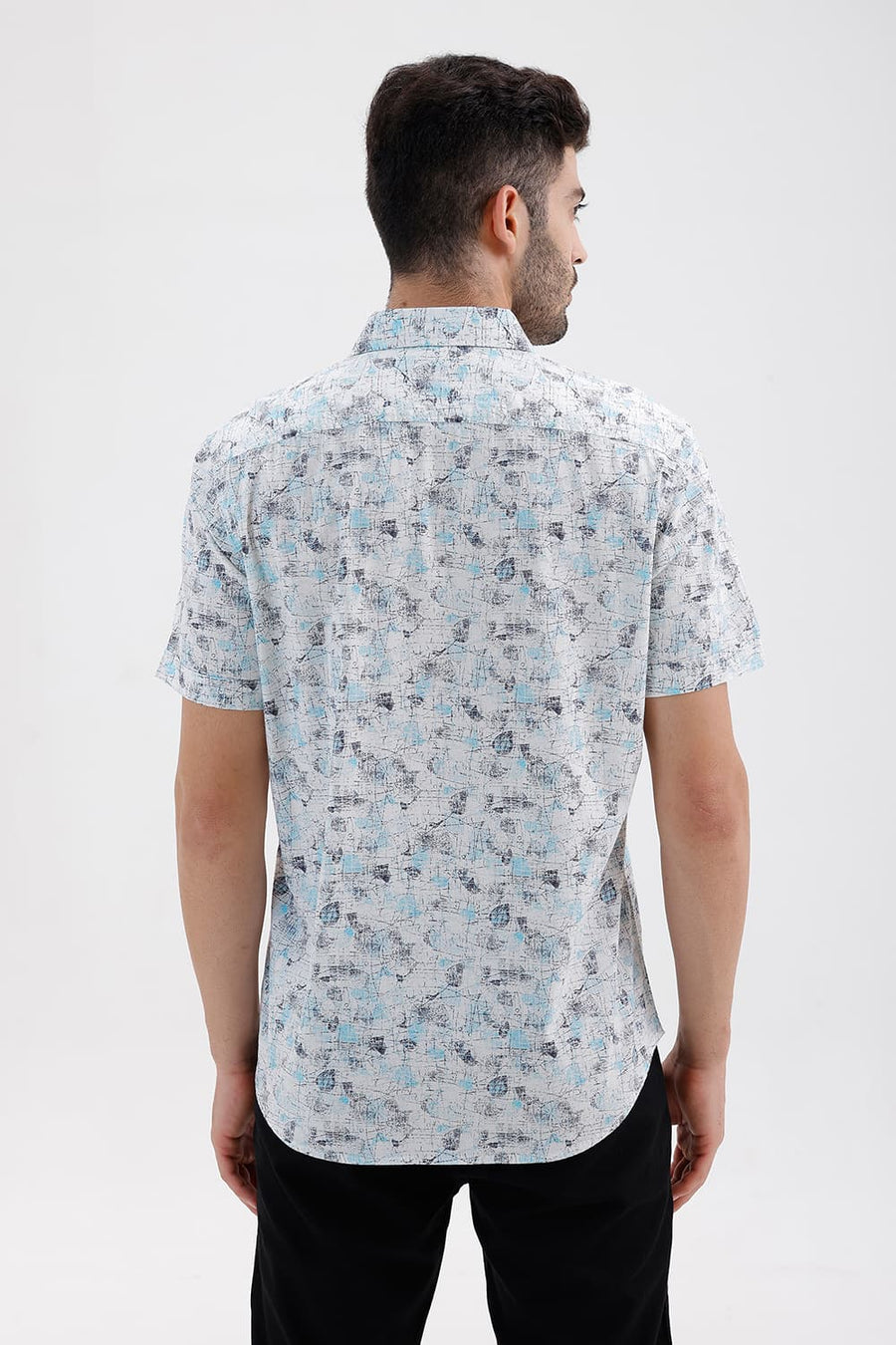 BASICS SLIM FIT CLOUD BLUE COTTON VISCOSE DIGITAL PRINTED HALFSLEEVES SHIRT