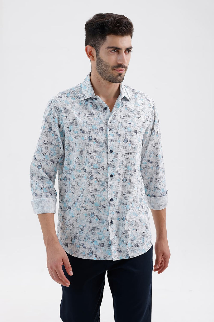 BASICS SLIM FIT CLOUD BLUE COTTON VISCOSE DIGITAL PRINTED SHIRT