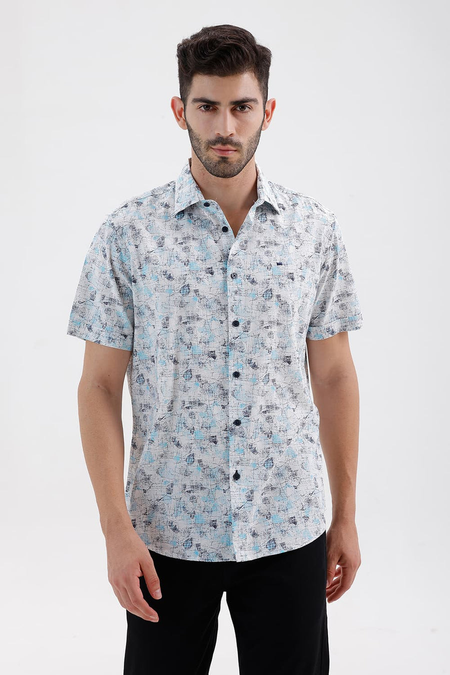 BASICS SLIM FIT CLOUD BLUE COTTON VISCOSE DIGITAL PRINTED HALFSLEEVES SHIRT