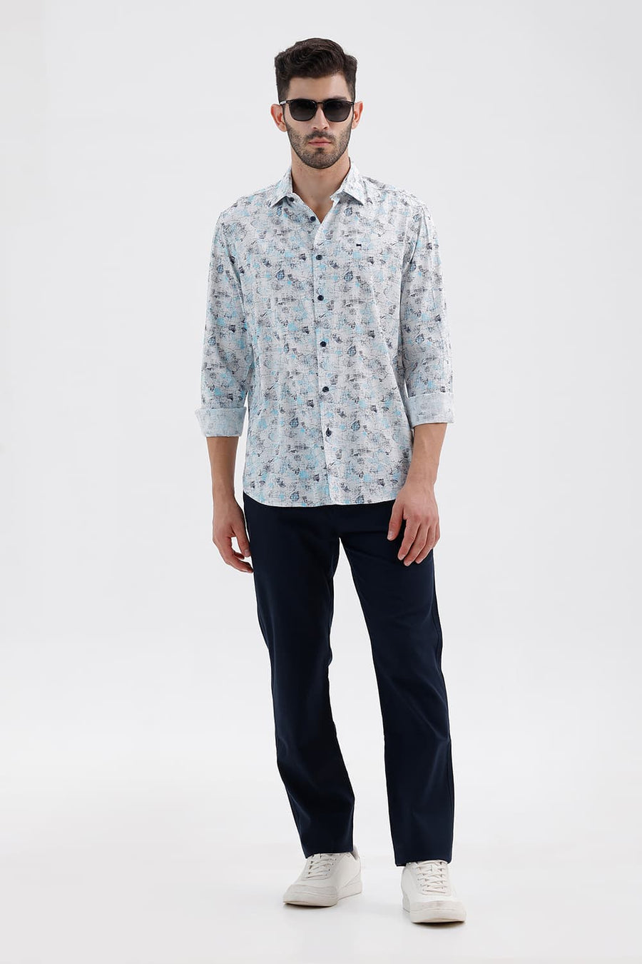 BASICS SLIM FIT CLOUD BLUE COTTON VISCOSE DIGITAL PRINTED SHIRT