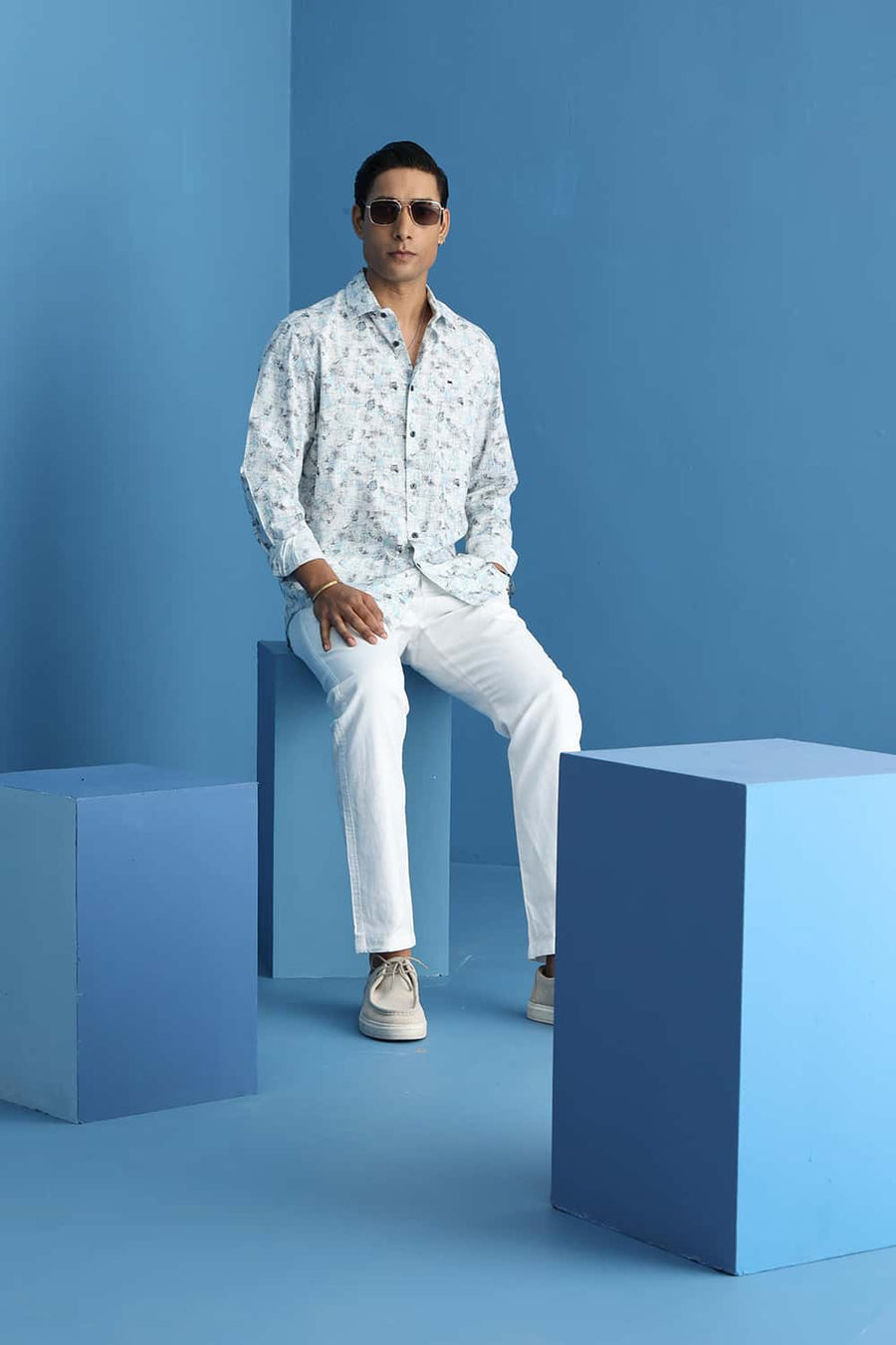 Basics Slim Fit Cloud Blue Cotton Viscose Digital Printed Shirt