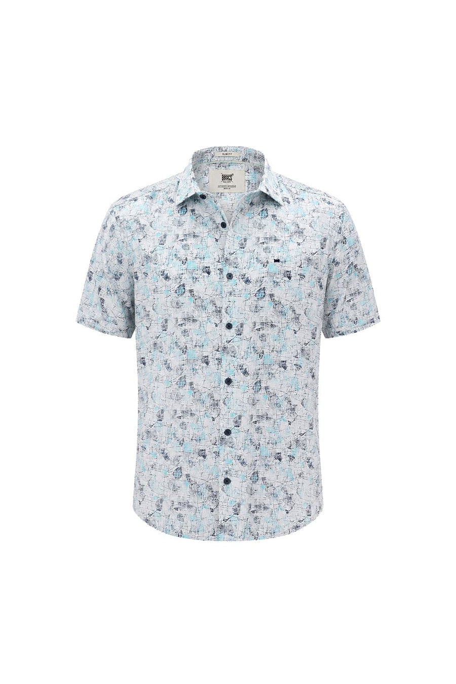 BASICS SLIM FIT CLOUD BLUE COTTON VISCOSE DIGITAL PRINTED HALFSLEEVES SHIRT