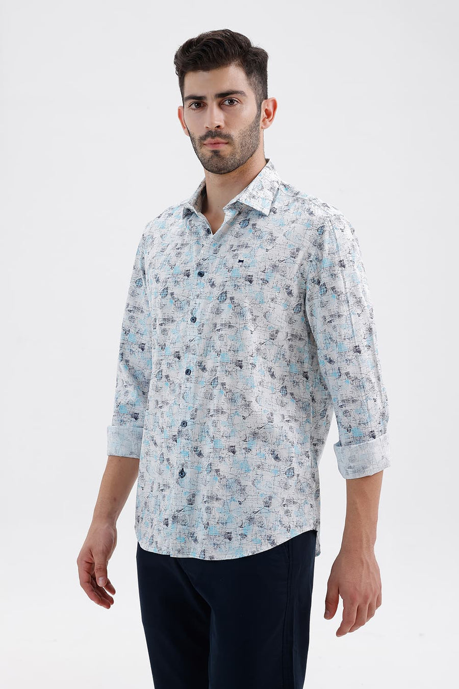 BASICS SLIM FIT CLOUD BLUE COTTON VISCOSE DIGITAL PRINTED SHIRT