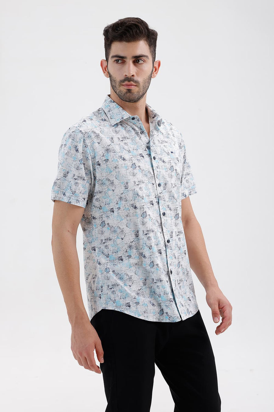 BASICS SLIM FIT CLOUD BLUE COTTON VISCOSE DIGITAL PRINTED HALFSLEEVES SHIRT