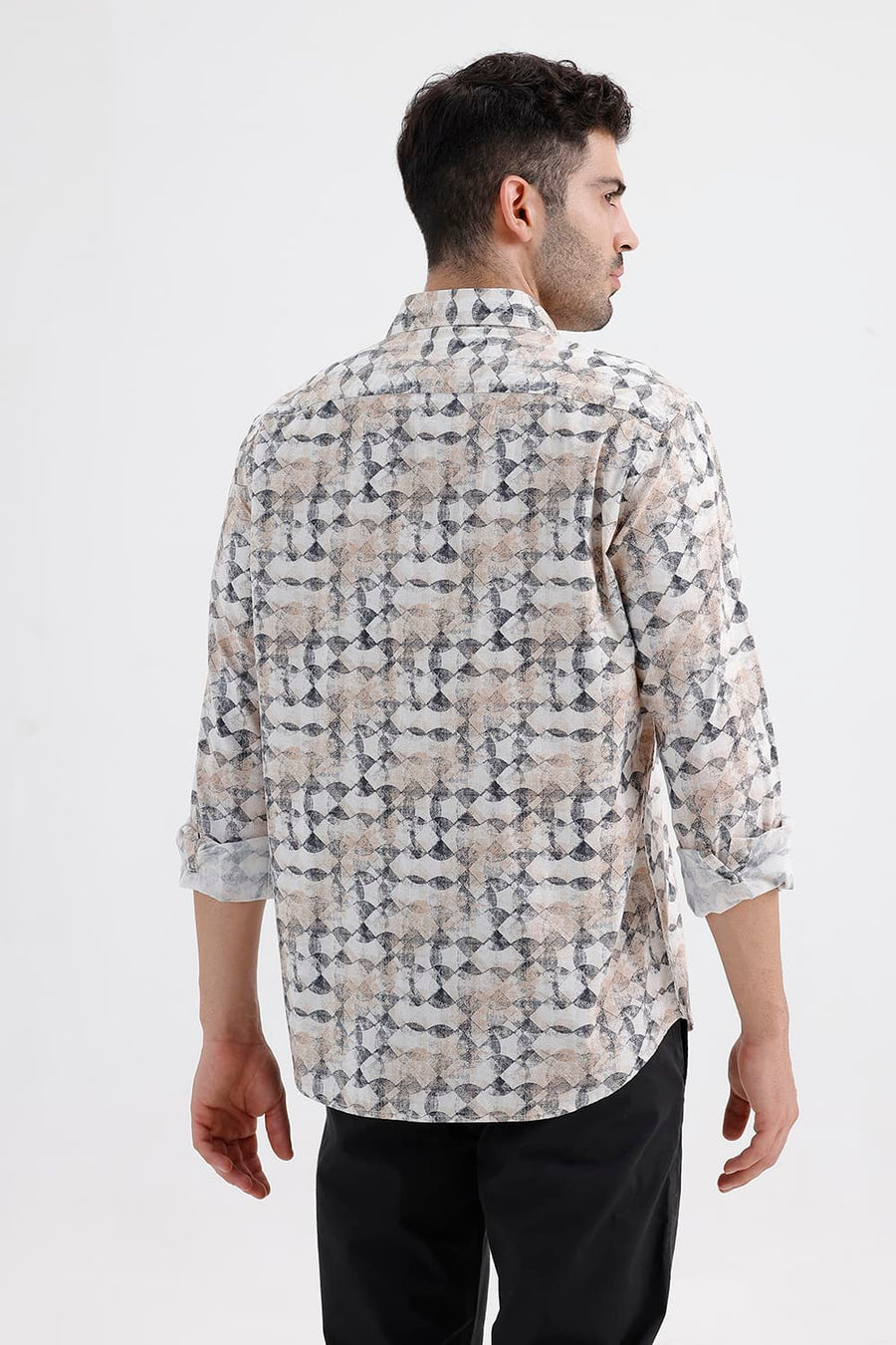 BASICS SLIM FIT BROWN ALYSSUM COTTON VISCOSE DIGITAL PRINTED SHIRT