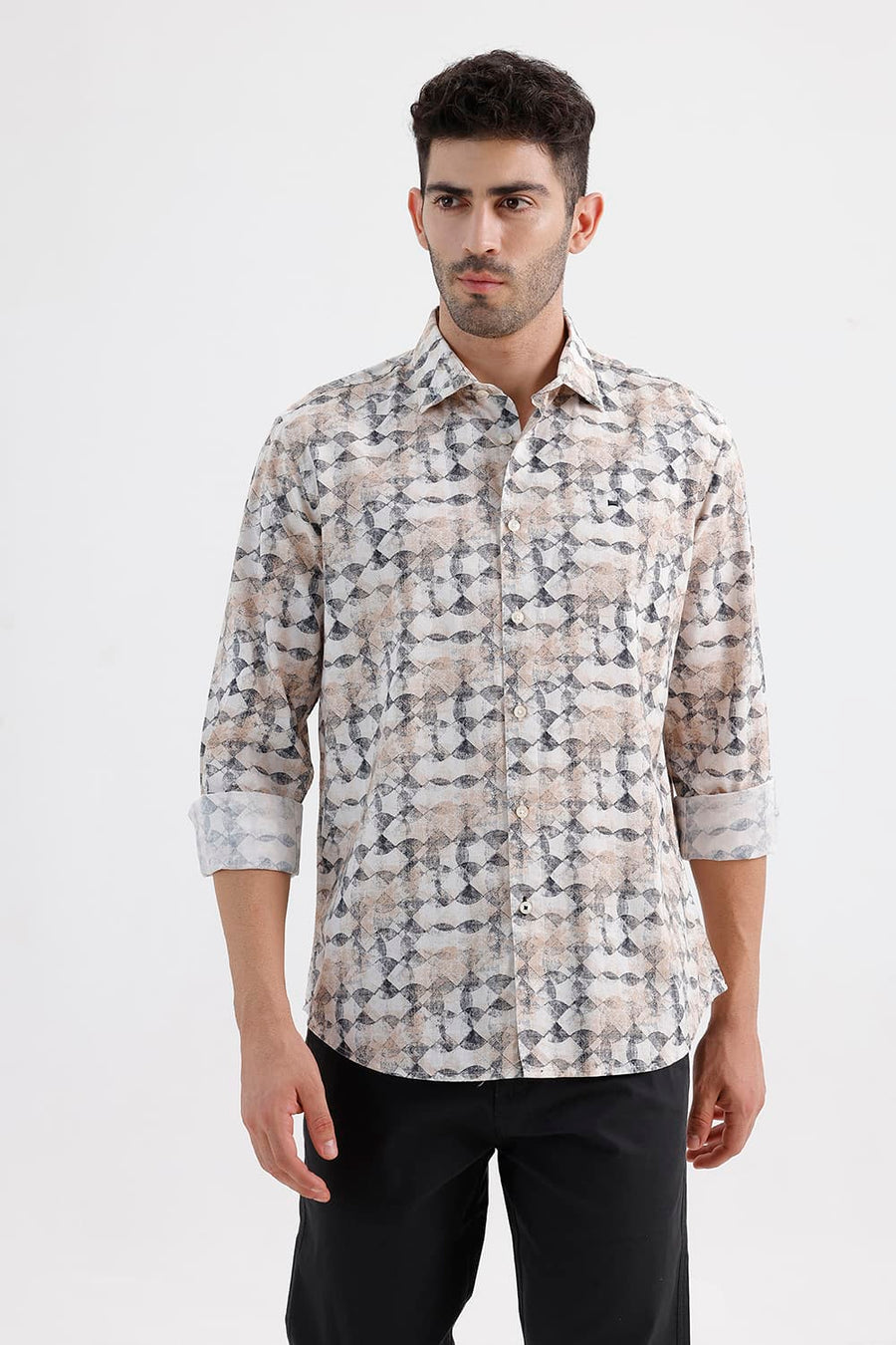 BASICS SLIM FIT BROWN ALYSSUM COTTON VISCOSE DIGITAL PRINTED SHIRT