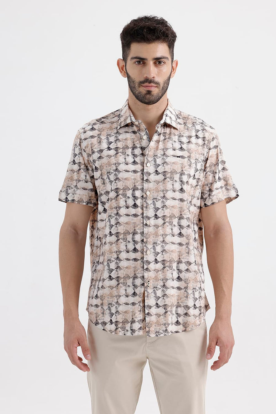 BASICS SLIM FIT BROWN ALYSSUM COTTON VISCOSE DIGITAL PRINTED HALFSLEEVES SHIRT