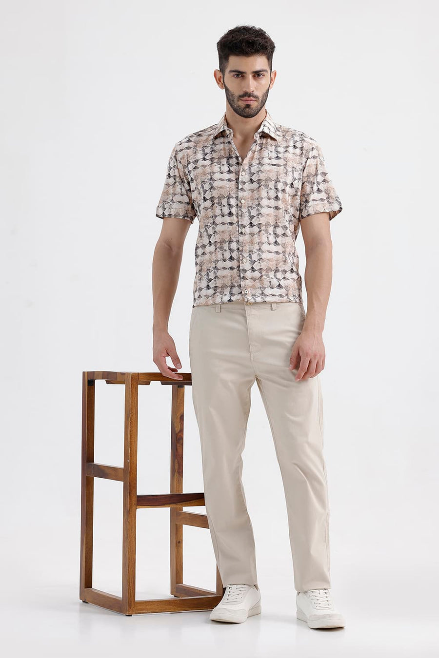 BASICS SLIM FIT BROWN ALYSSUM COTTON VISCOSE DIGITAL PRINTED HALFSLEEVES SHIRT