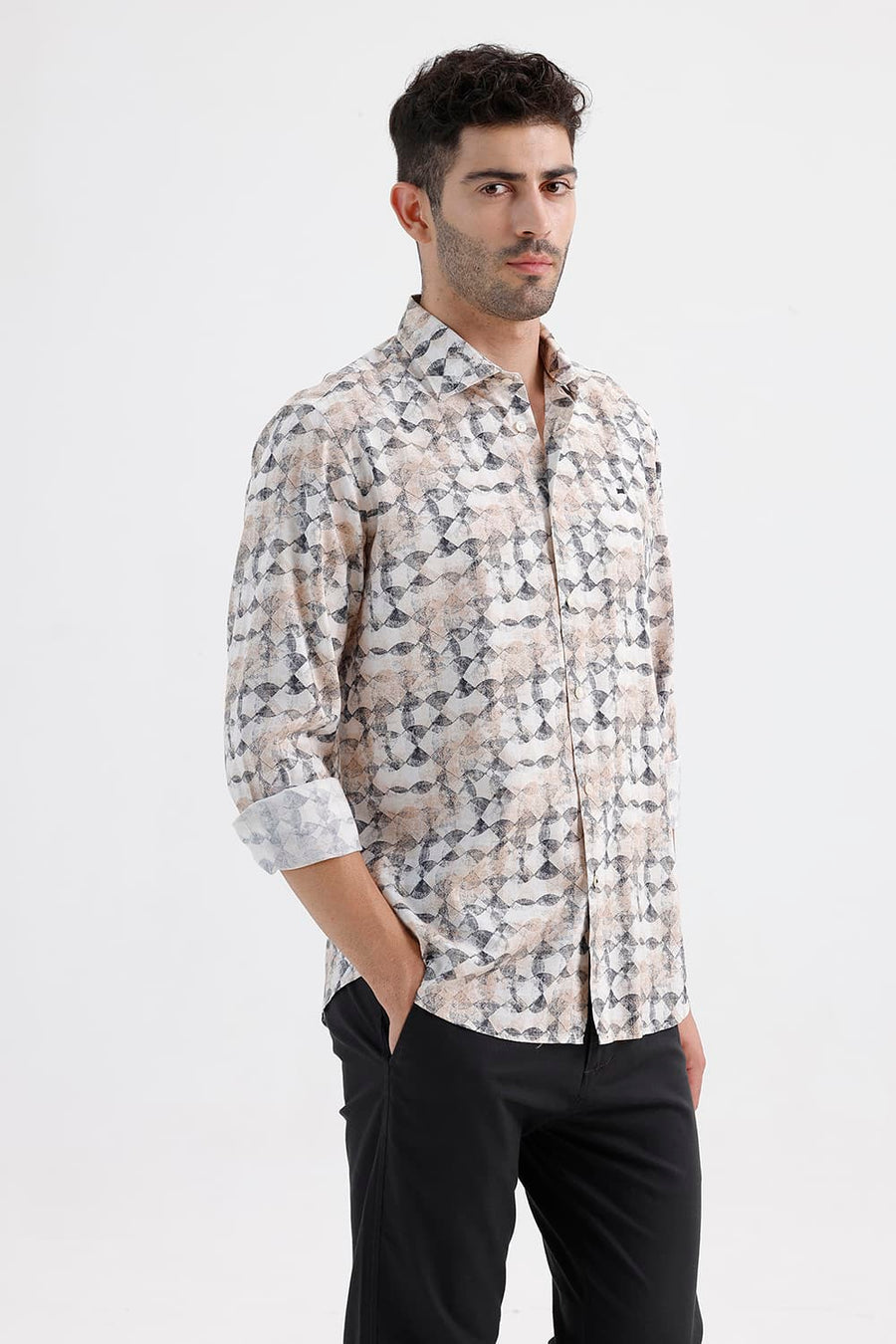 BASICS SLIM FIT BROWN ALYSSUM COTTON VISCOSE DIGITAL PRINTED SHIRT