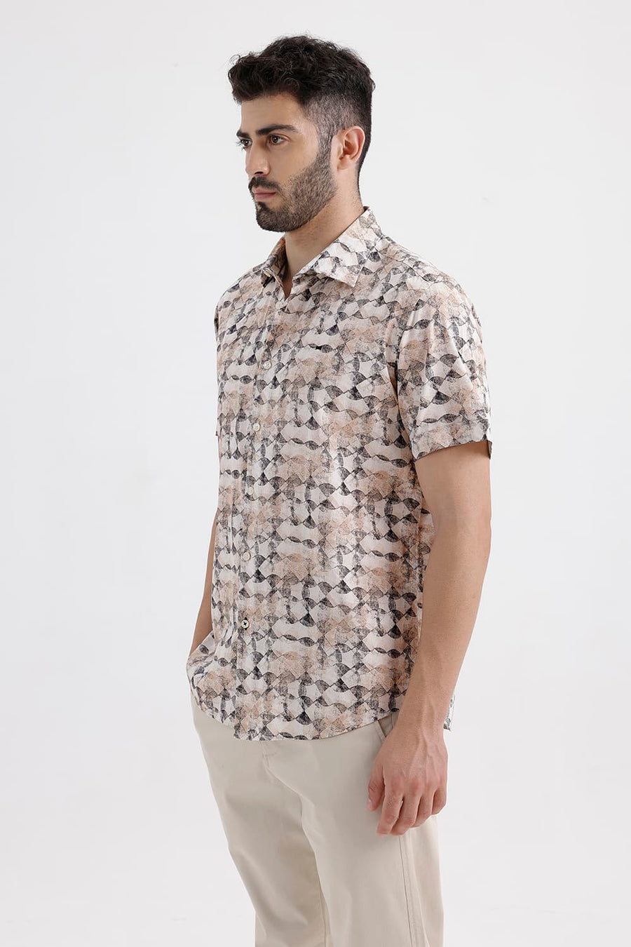 BASICS SLIM FIT BROWN ALYSSUM COTTON VISCOSE DIGITAL PRINTED HALFSLEEVES SHIRT