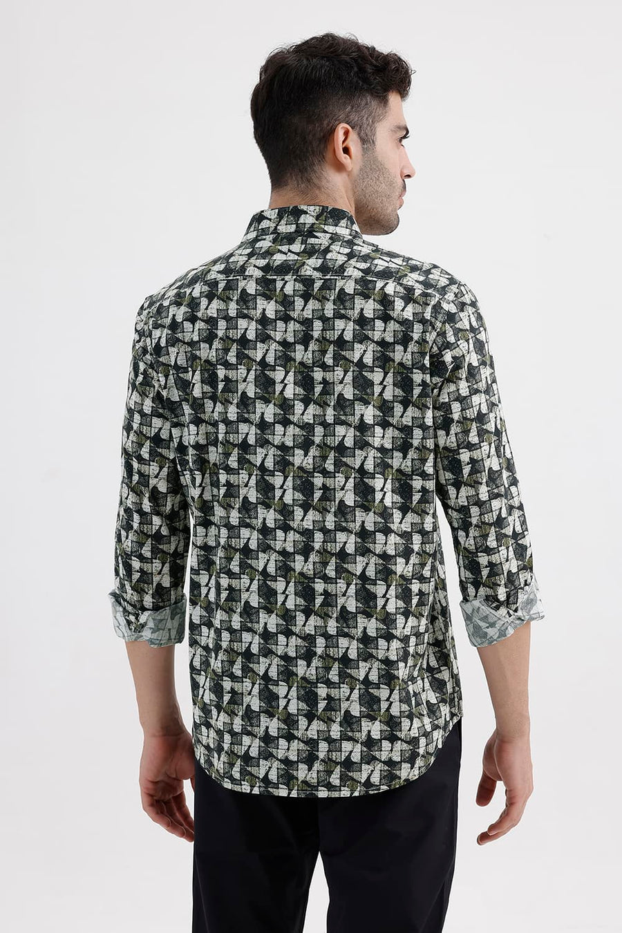 BASICS SLIM FIT BLACK GRAPHITE COTTON VISCOSE DIGITAL PRINTED SHIRT