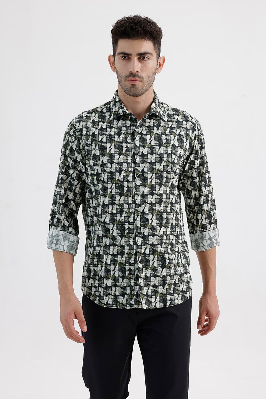 BASICS SLIM FIT BLACK GRAPHITE COTTON VISCOSE DIGITAL PRINTED SHIRT