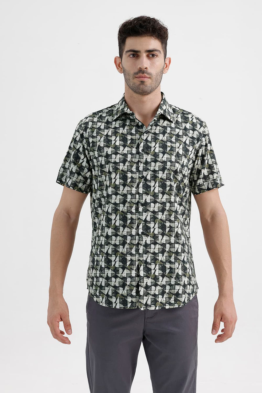 BASICS SLIM FIT BLACK GRAPHITE COTTON VISCOSE DIGITAL PRINTED HALFSLEEVES SHIRT