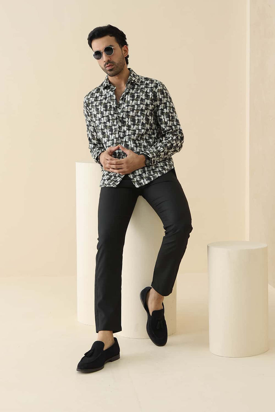 Basics Slim Fit Black Graphite Cotton Viscose Digital Printed Shirt