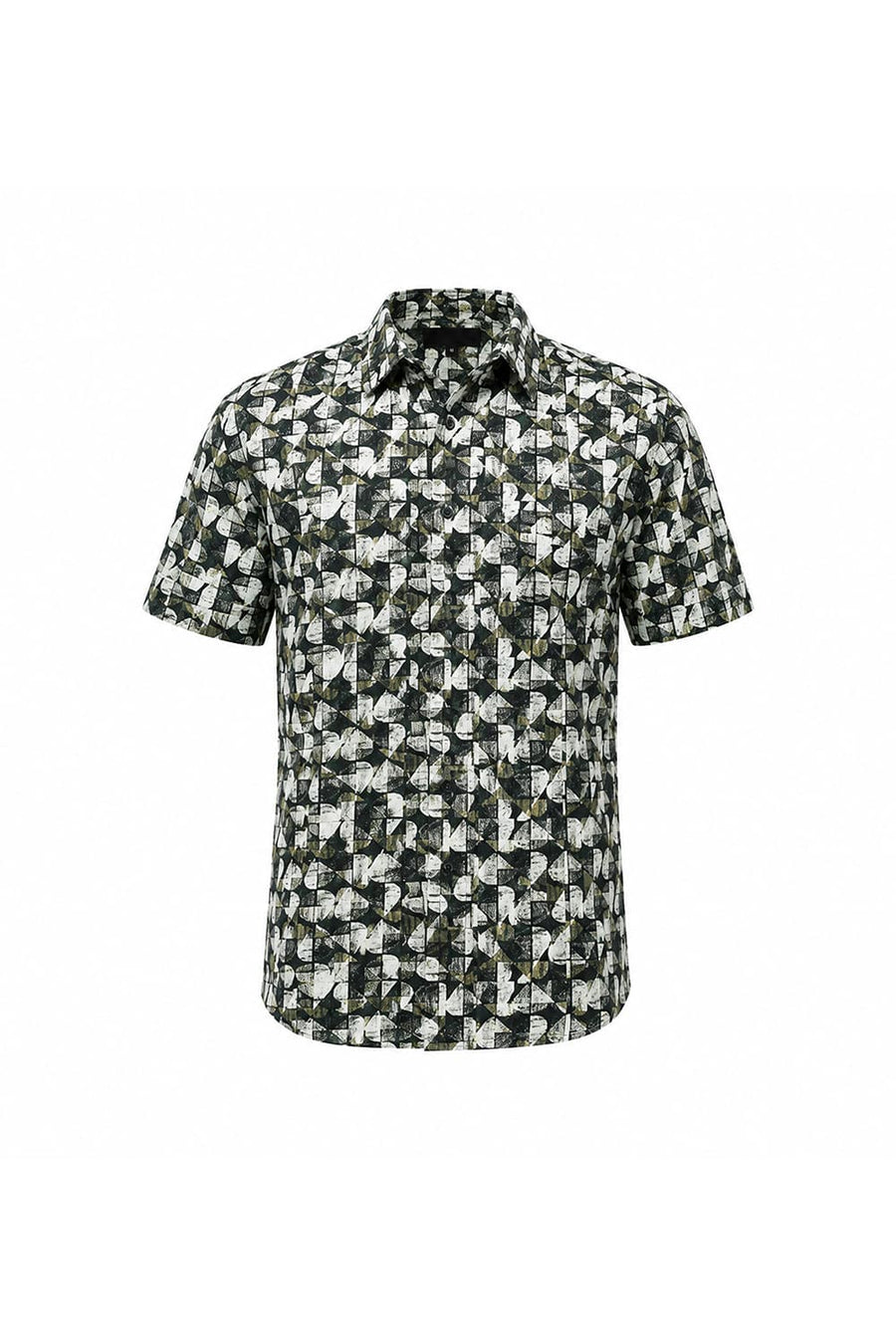 BASICS SLIM FIT BLACK GRAPHITE COTTON VISCOSE DIGITAL PRINTED HALFSLEEVES SHIRT