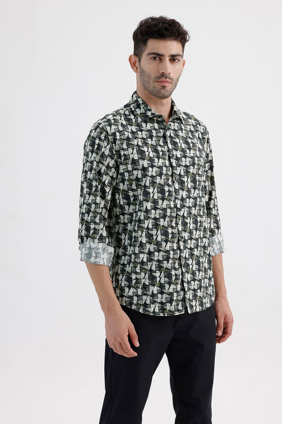 BASICS SLIM FIT BLACK GRAPHITE COTTON VISCOSE DIGITAL PRINTED SHIRT