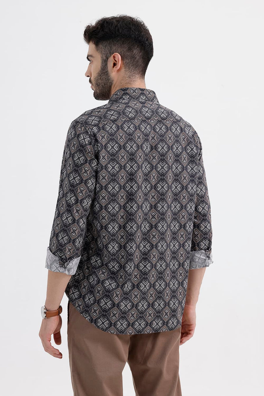 BASICS SLIM FIT BROWN ANTHRACITE COTTON VISCOSE DIGITAL PRINTED SHIRT