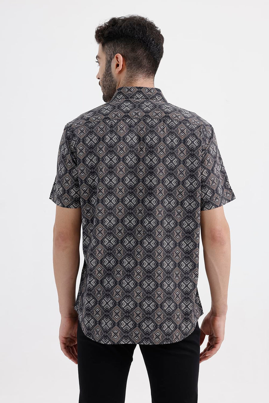 BASICS SLIM FIT BROWN ANTHRACITE COTTON VISCOSE DIGITAL PRINTED HALFSLEEVES SHIRT
