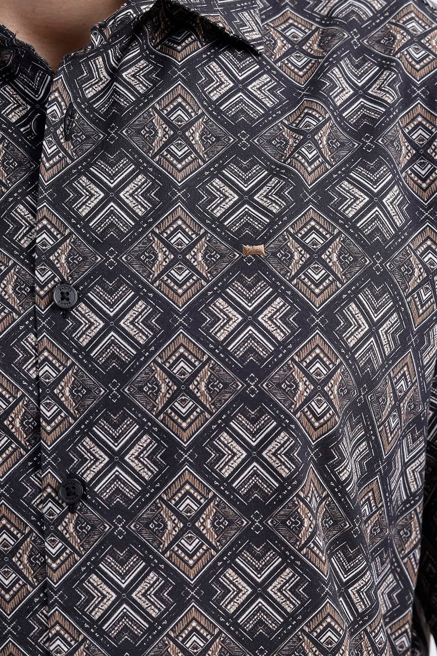 BASICS SLIM FIT BROWN ANTHRACITE COTTON VISCOSE DIGITAL PRINTED SHIRT