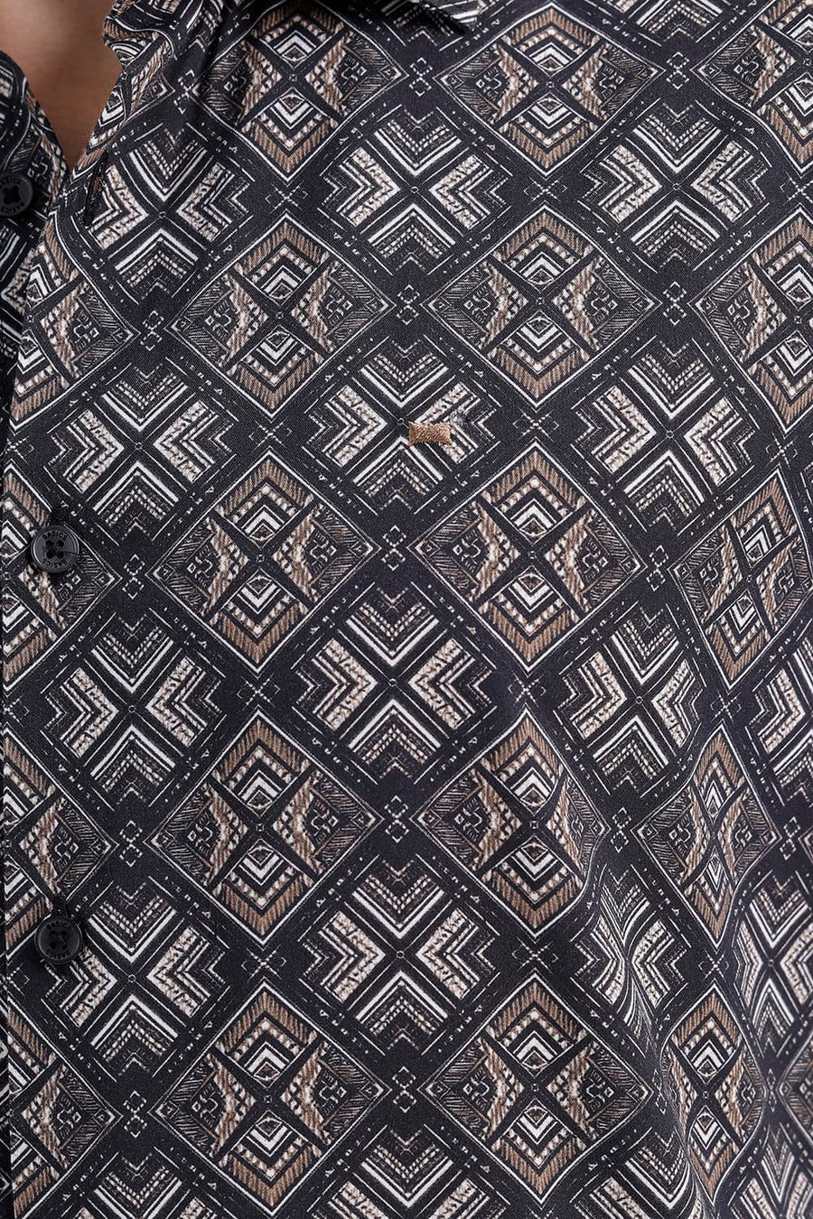 BASICS SLIM FIT BROWN ANTHRACITE COTTON VISCOSE DIGITAL PRINTED HALFSLEEVES SHIRT