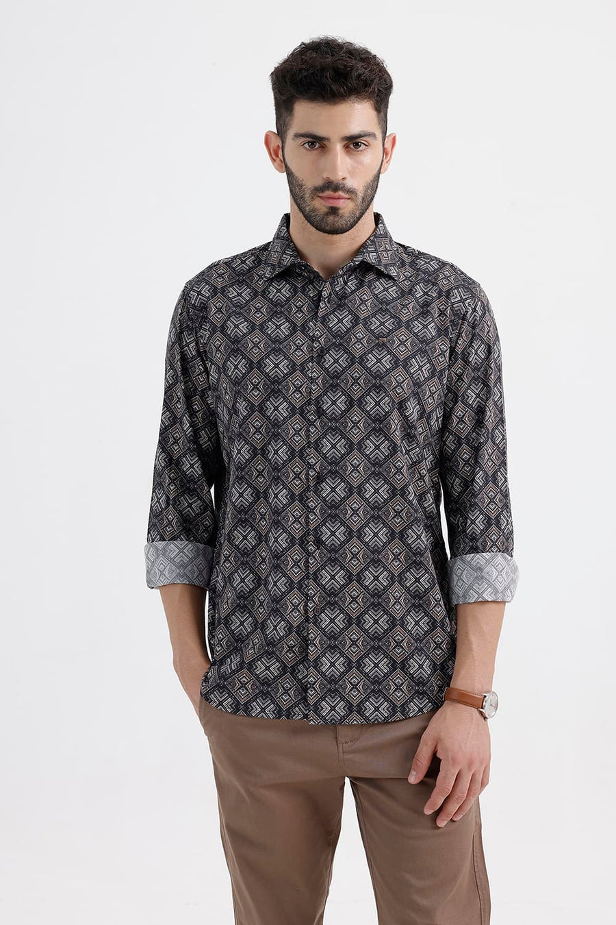 BASICS SLIM FIT BROWN ANTHRACITE COTTON VISCOSE DIGITAL PRINTED SHIRT