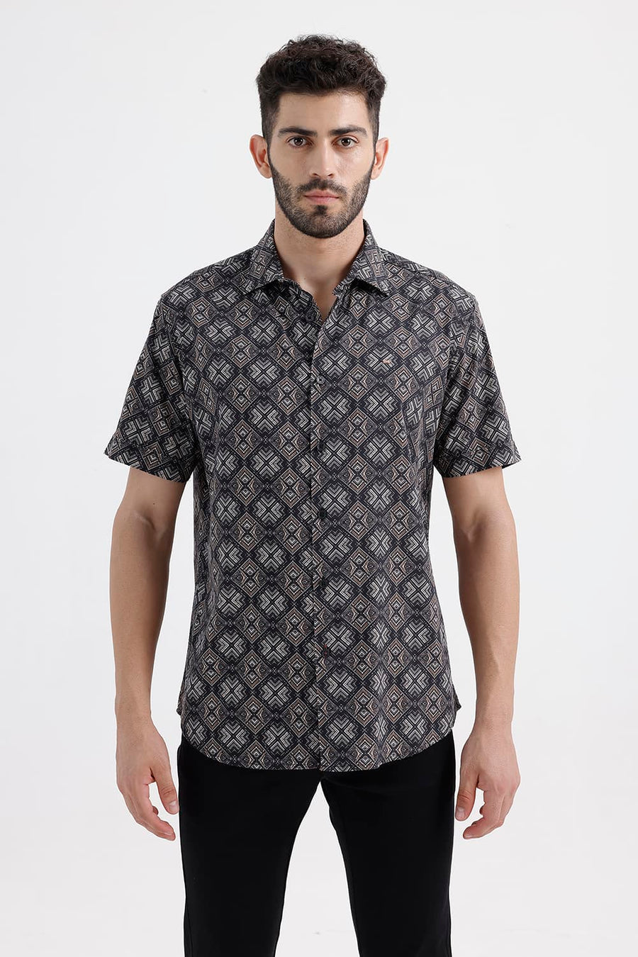 BASICS SLIM FIT BROWN ANTHRACITE COTTON VISCOSE DIGITAL PRINTED HALFSLEEVES SHIRT