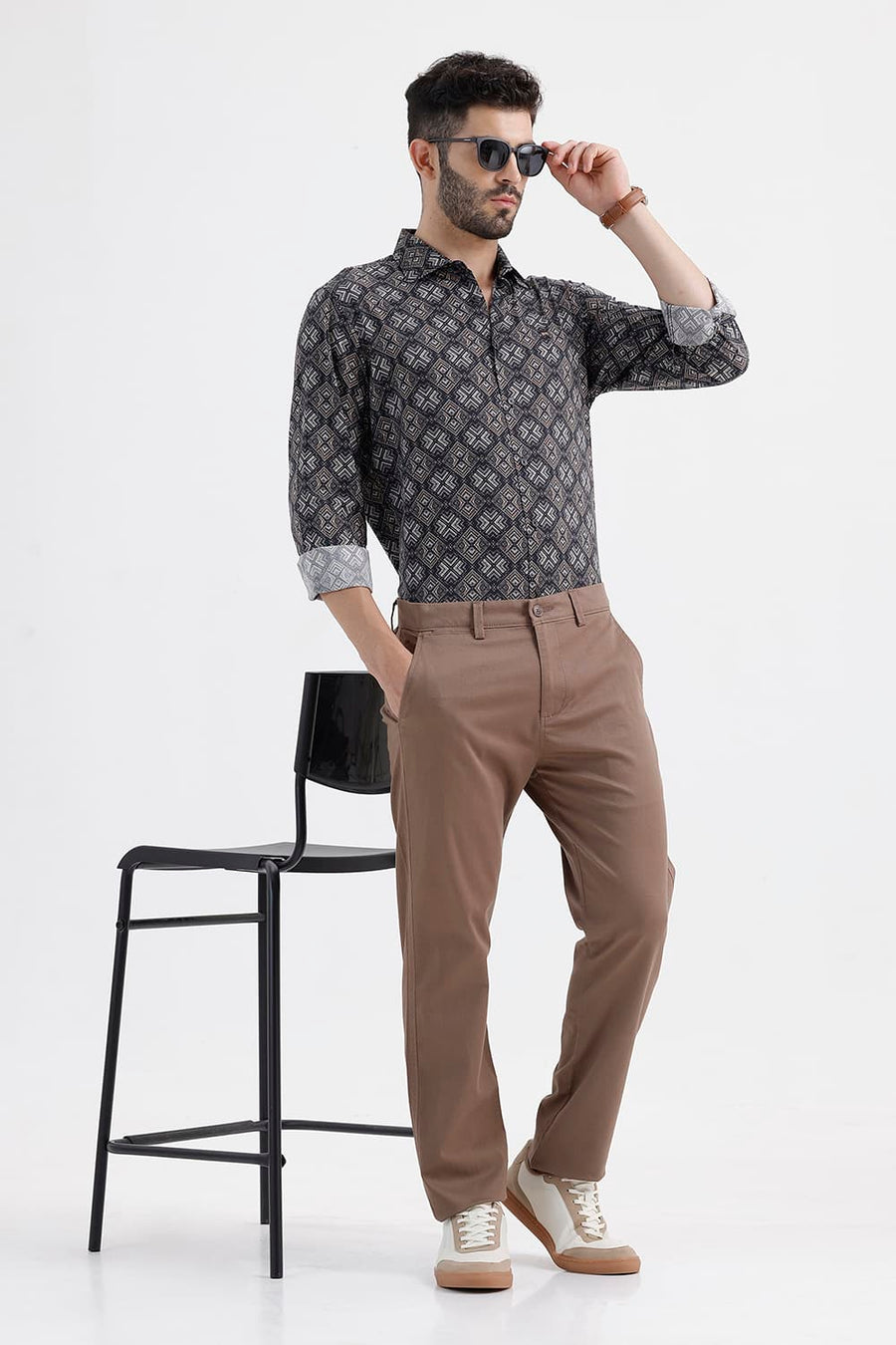 BASICS SLIM FIT BROWN ANTHRACITE COTTON VISCOSE DIGITAL PRINTED SHIRT