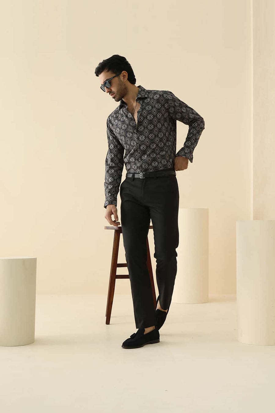 Basics Slim Fit Brown Anthracite Cotton Viscose Digital Printed Shirt