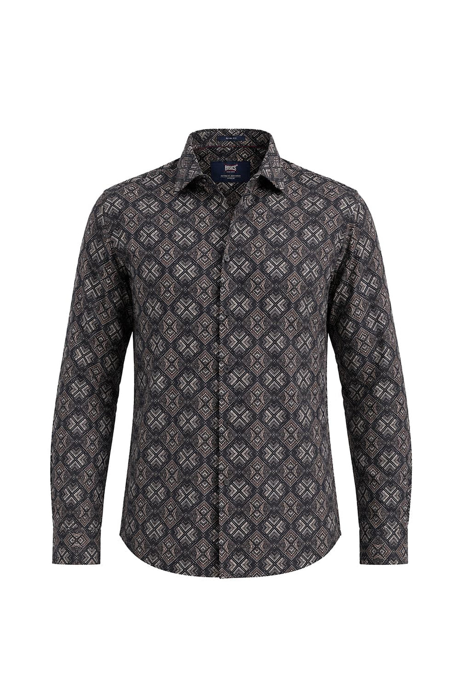 BASICS SLIM FIT BROWN ANTHRACITE COTTON VISCOSE DIGITAL PRINTED SHIRT