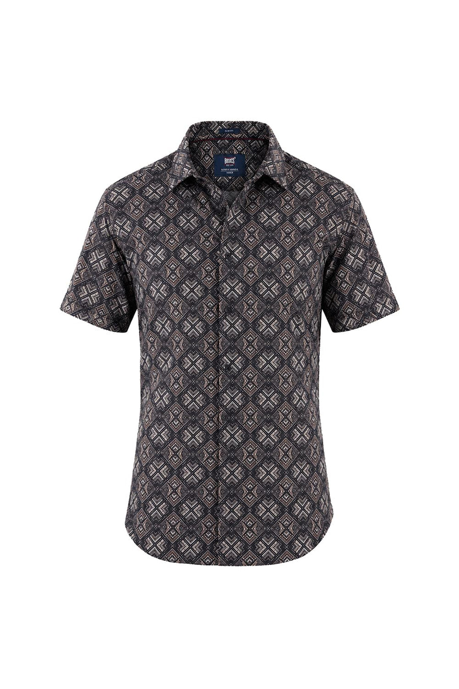 BASICS SLIM FIT BROWN ANTHRACITE COTTON VISCOSE DIGITAL PRINTED HALFSLEEVES SHIRT