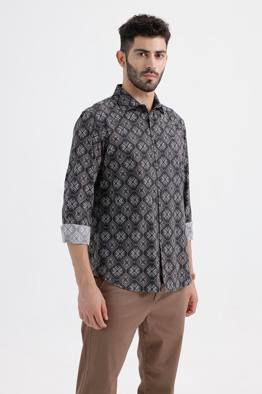 BASICS SLIM FIT BROWN ANTHRACITE COTTON VISCOSE DIGITAL PRINTED SHIRT
