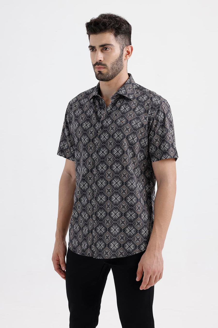 BASICS SLIM FIT BROWN ANTHRACITE COTTON VISCOSE DIGITAL PRINTED HALFSLEEVES SHIRT
