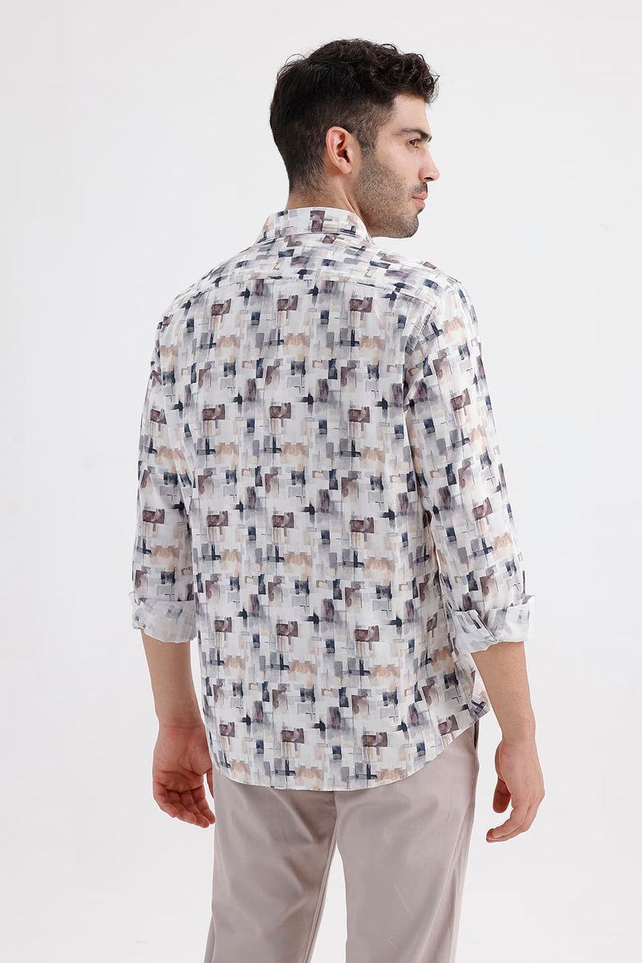 BASICS SLIM FIT CLOUD NAVY COTTON VISCOSE DIGITAL PRINTED SHIRT