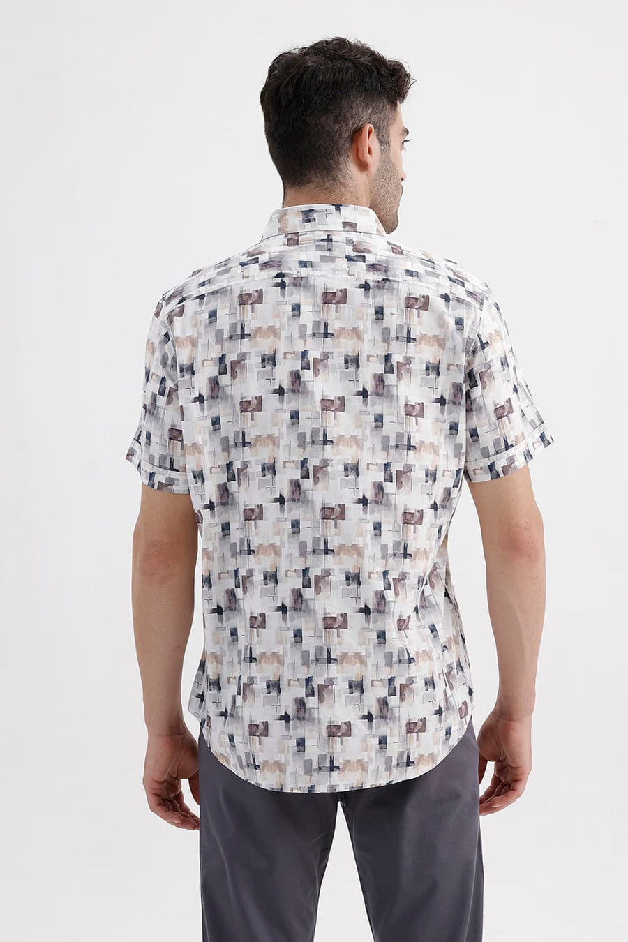 BASICS SLIM FIT CLOUD NAVY COTTON VISCOSE DIGITAL PRINTED HALFSLEEVES SHIRT