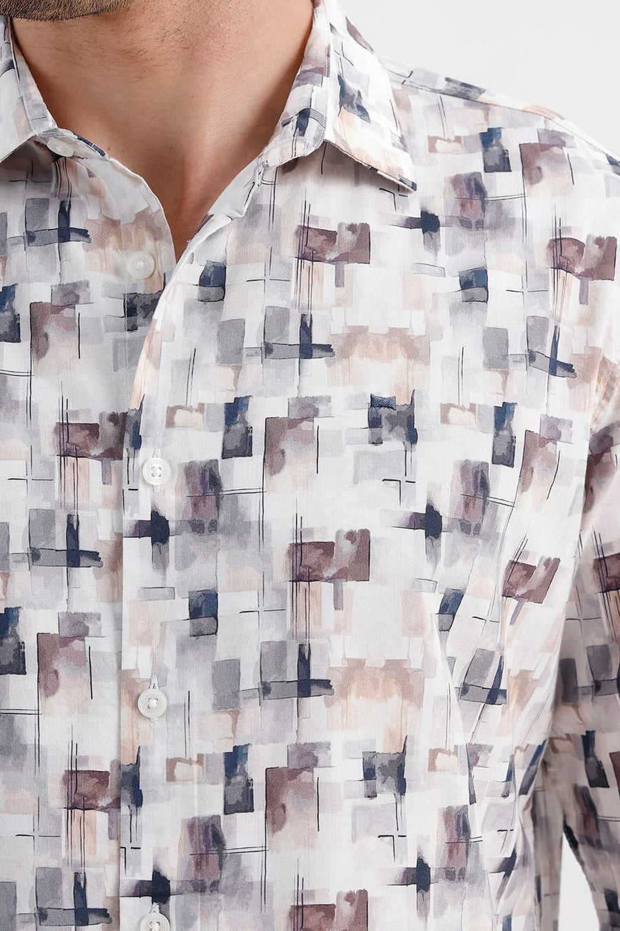 BASICS SLIM FIT CLOUD NAVY COTTON VISCOSE DIGITAL PRINTED SHIRT