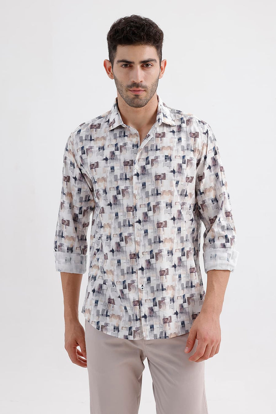 BASICS SLIM FIT CLOUD NAVY COTTON VISCOSE DIGITAL PRINTED SHIRT