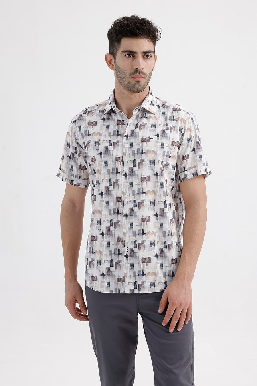 BASICS SLIM FIT CLOUD NAVY COTTON VISCOSE DIGITAL PRINTED HALFSLEEVES SHIRT