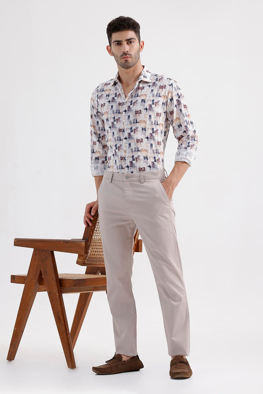 BASICS SLIM FIT CLOUD NAVY COTTON VISCOSE DIGITAL PRINTED SHIRT