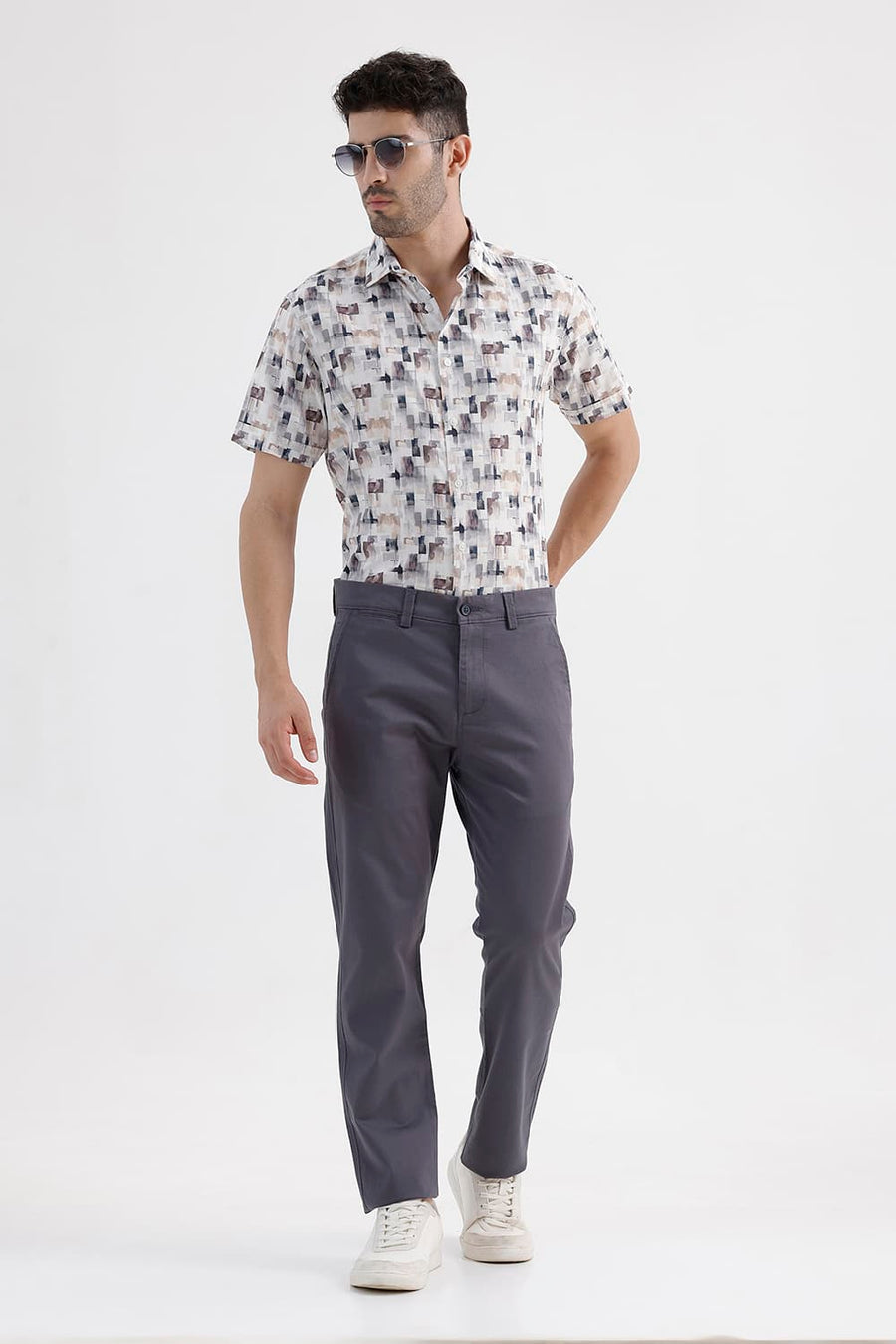 BASICS SLIM FIT CLOUD NAVY COTTON VISCOSE DIGITAL PRINTED HALFSLEEVES SHIRT