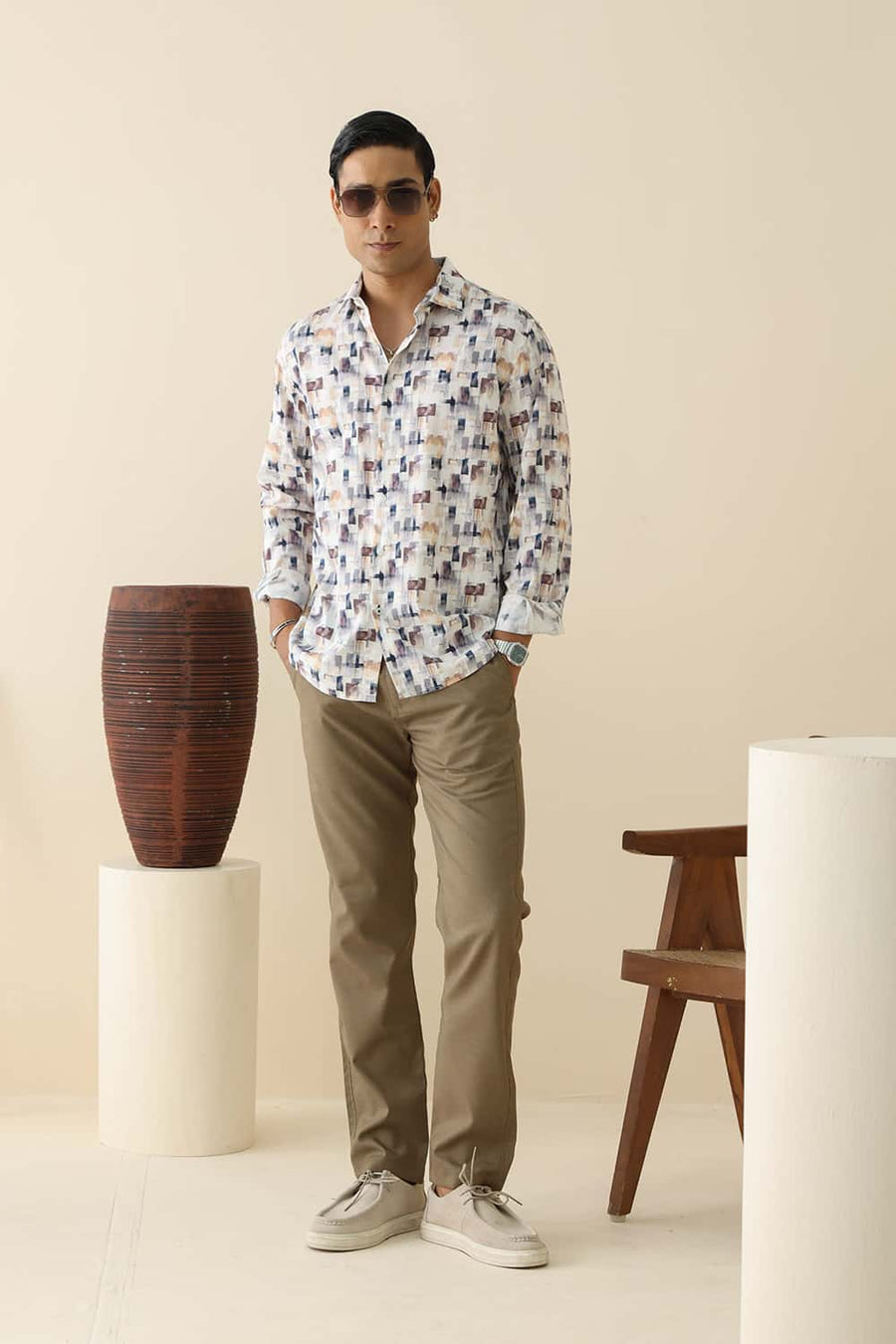 Basics Slim Fit Cloud Navy Cotton Viscose Digital Printed Shirt